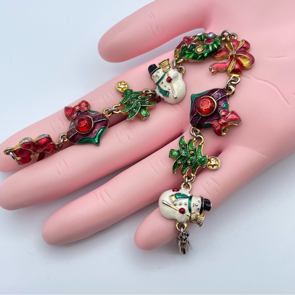 Christopher Radko Enamel Christmas Charm Bracelet Snowman Wreath 7.5” - Picture 10 of 11